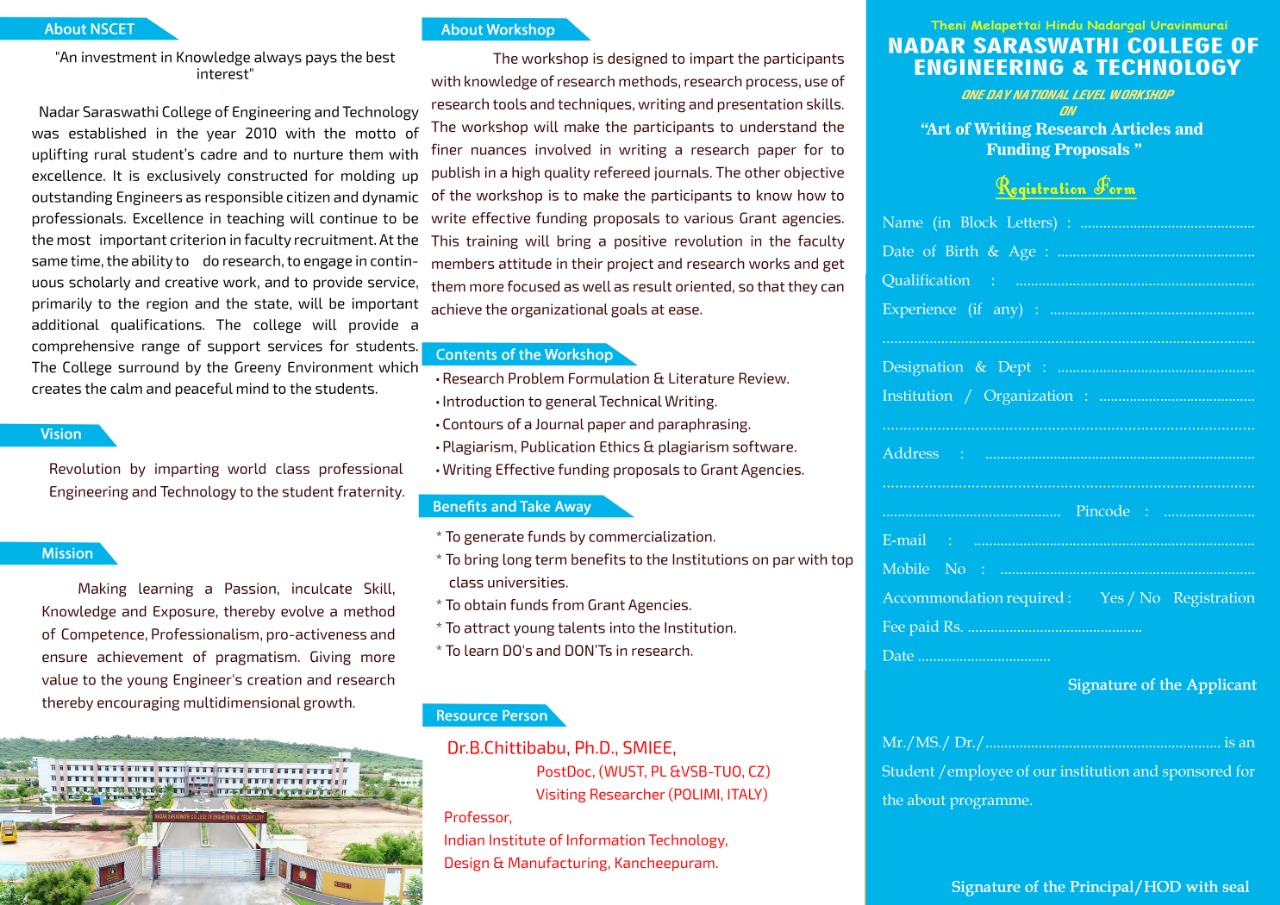One day Workshop on "Art of Writing Research Articles and Funding Proposals"